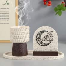 A Set Of Minimalist Bohemian-Style Resin Incense Burners With A Striped Design - A Three Pieces Festival Ornament Set Including A Tray, Adorned With Elegant Arabic Calligraphy. This Stylish Piece Serves As A Home Decor Accent, Aroma Diffuser, Incense Holder And Festival Tabletop Ornament, Making It Ideal For Living Rooms, Bedrooms - Multicolor - View 5