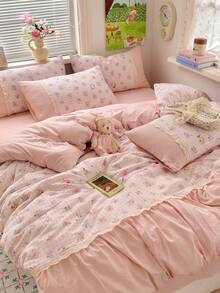 1 Juego de Ropa de Cama con Estampado Floral de Rosa, Incluye 1 Edredón, 1 Sábana Plana, 2 Fundas de Almohada, Suave y Cómodo para Dormitorio, Dormitorio, Uso Doméstico, Disponible en Múltiples Tamaños - Rosa Pálido - Ver 1