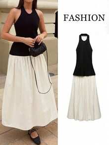 Women's Elegant Camisole Top Set, Comfortable Sexy Street Minimalist Holiday Romantic Date Party Beach Outfit, Spring/Summer - Apricot+Black - View 4