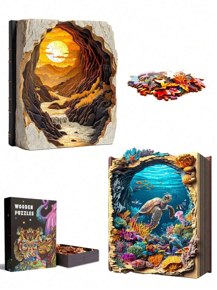 1件裝 Sunset In A Book/Deep Blue 木製不對稱拼圖,動物造型2D拼圖玩具,適合兒童與成人,益智遊戲,派對、假日、聖誕與生日禮物,獨特魔幻桌面裝飾創意木製拼圖禮品 - 彩色 - 查看 1