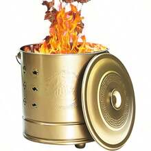 Burn Barrel Portable Stainless Steel Fire Barrel with Lid Fire Hook and Liner Heavy Duty Outdoor Burning Cage Safe for Patio Garden Balcony Deck Beach Camping Cooking Wood Garbage and Fall - Dorado - Ver 1