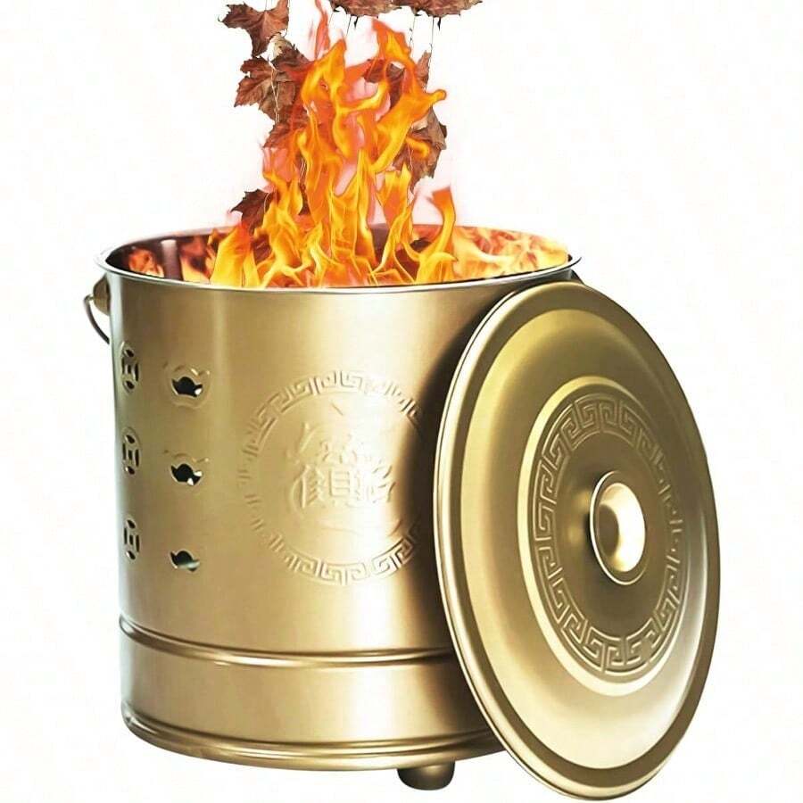 Burn Barrel Portable Stainless Steel Fire Barrel with Lid Fire Hook and Liner Heavy Duty Outdoor Burning Cage Safe for Patio Garden Balcony Deck Beach Camping Cooking Wood Garbage and Fall - Dorado - Ver 1