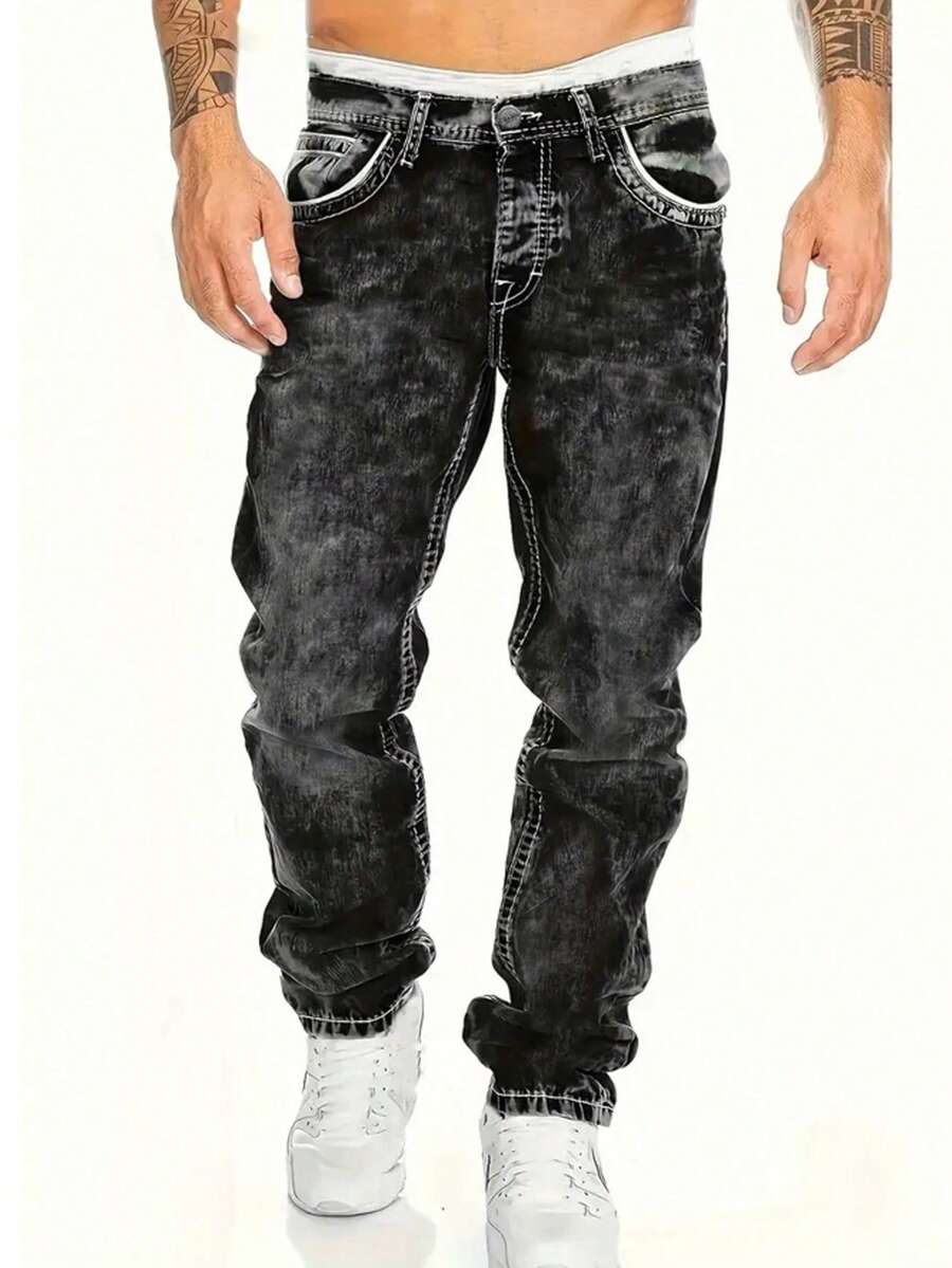 Men's Retro Elastic Plus Size Jeans - Black - View 1