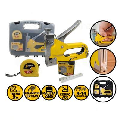 Grampeador Tapeçaria Manual C/ Maleta + Trena + 500 Grampos