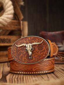 1pc Western Style Bull Head Buckle PU Embossed Belt With Rivet Design, Vintage & Personalized (Hole Puncher Included) Halloween, Casual, Business, Street,   Boho, Western, Outdoor, Gift For Men, Husband, Boyfriend, Father, Dad, Christmas - As Shown - View 15