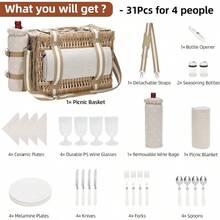G GOOD GAIN Cesta de picnic de 31 piezas para 4 personas Juego de picnic de mimbre con manta impermeable y bolsa de vino Cesta grande de picnic con refrigerador aado y kit de cubiertos para - Florblanca - Ver 2