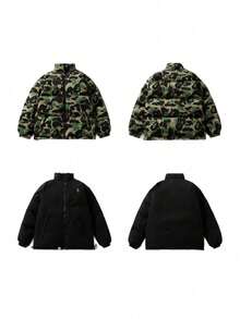 Men's Street Camouflage Ape Head Print Hooded Zipper Full Plate Pattern Thickened Warm Design Double-Sided Cotton Jacket - 綠色 - 查看 3