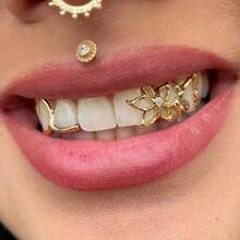 Personalized And Fashionable Braces With Flower Hollow Out Design, Double Gold Teeth, Halloween Cool Teeth Decoration - Vàng - Xem 1