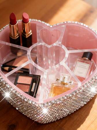 Luxury Sparkling Makeup Organizer Box, Heart-Shaped Crystal Decor Rhinestone Slanted Makeup Brush & Pencil Storage Bucket Holder, Elegant Vanity Dresser Storage Box For Cosmetics, Brushes, Lipsticks And More
