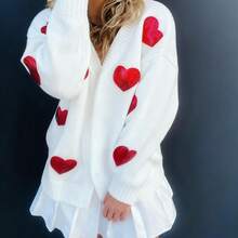 Valentine's Day Heart Cardigan For Women Cute Oversized Open Front Long Cardigan Tops Knit Long Sleeve Button Sweater Shirts - 白色 - 查看 4