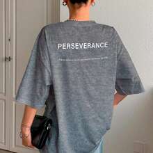 T-Shirt With "Perseverance" Print Lettering. Minimalist, Casual, Modern, Sophisticated, Simple, Basic, Summer, Oversized. - Grey - View 10