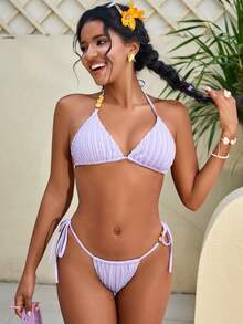 Women's Elegant Summer Beach Fashion Light Purple Halter Tie Yellow Star Chain Jewelry Bikini Swimsuit Set - Mauve Purple - View 3