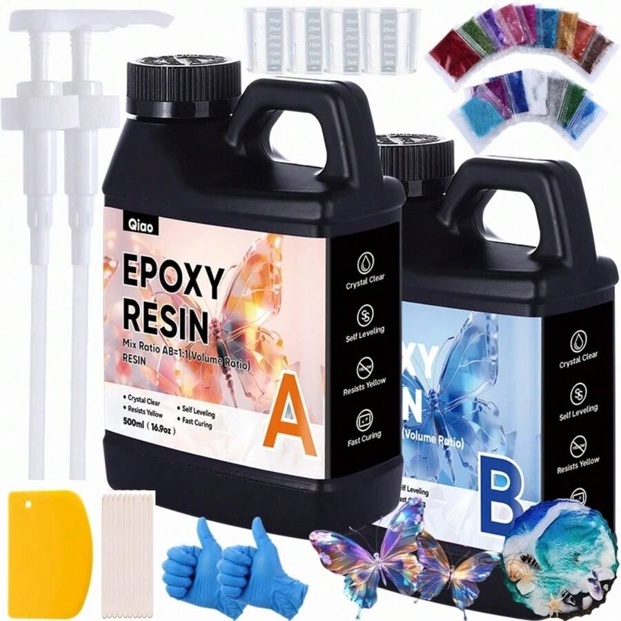QIAO Bộ nhựa Epoxy 500ml/1000ml tỷ lệ 1:1 - Trong suốt như pha lê, không bị ố vàng, thích hợp để làm trang sức, đồ thủ công DIY và trang trí nhà cửa. - Nhiều màu - Xem 1