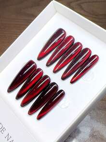 Pure Handmade Wearable Nails With A Thin High-Heeled Nail Shape; Hand-Painted Red Cat Eye Nails With A High-Quality Temperament Design, Autumn And Winter Nails, Full Coverage False Nails, Y2K Nails, Unique And Niche Creative False Nails, Daily Nails, Cute Modern Style Nails, Daily Use, Detach Wear And Reusable. - Multicolor - View 12