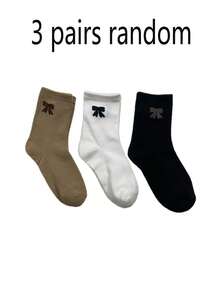 3 Pairs Assorted Bow Accent Warm Fuzzy Retro Brown Tone Mid-Calf Socks, Korean Style, Autumn/Winter
