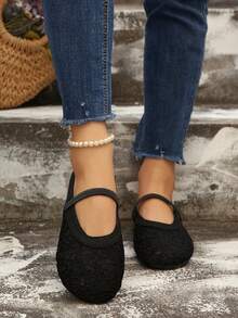 Women's New Black & Beige Retro Casual Elegant College Style Embroidered Flat Soft Bottom Elastic Band Sandals, Beige Fashion Versatile Lightweight Slide Sandals - Black - View 2