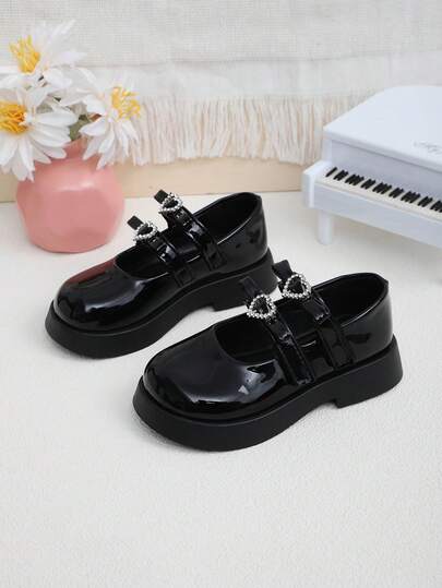 1 Pair Girls' Black Patent Leather Mary Jane Shoes, Rhinestone Decor Thick Sole Sweet Little Princess Shoes, Versatile Fashion Girls' Casual Flat Shoes