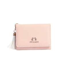Cartera corta para mujeres estilo coreano y japonés con borla, cartera triple linda para estudiantes, tarjetero - rosa - Ver 9