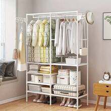 1 szt. Nowoczesny wielofunkcyjny metalowy wieszak na ubrania z półką na buty – wolnostojący organizer do przechowywania ubrań, odpowiedni do sypialni, biura i przedpokoju