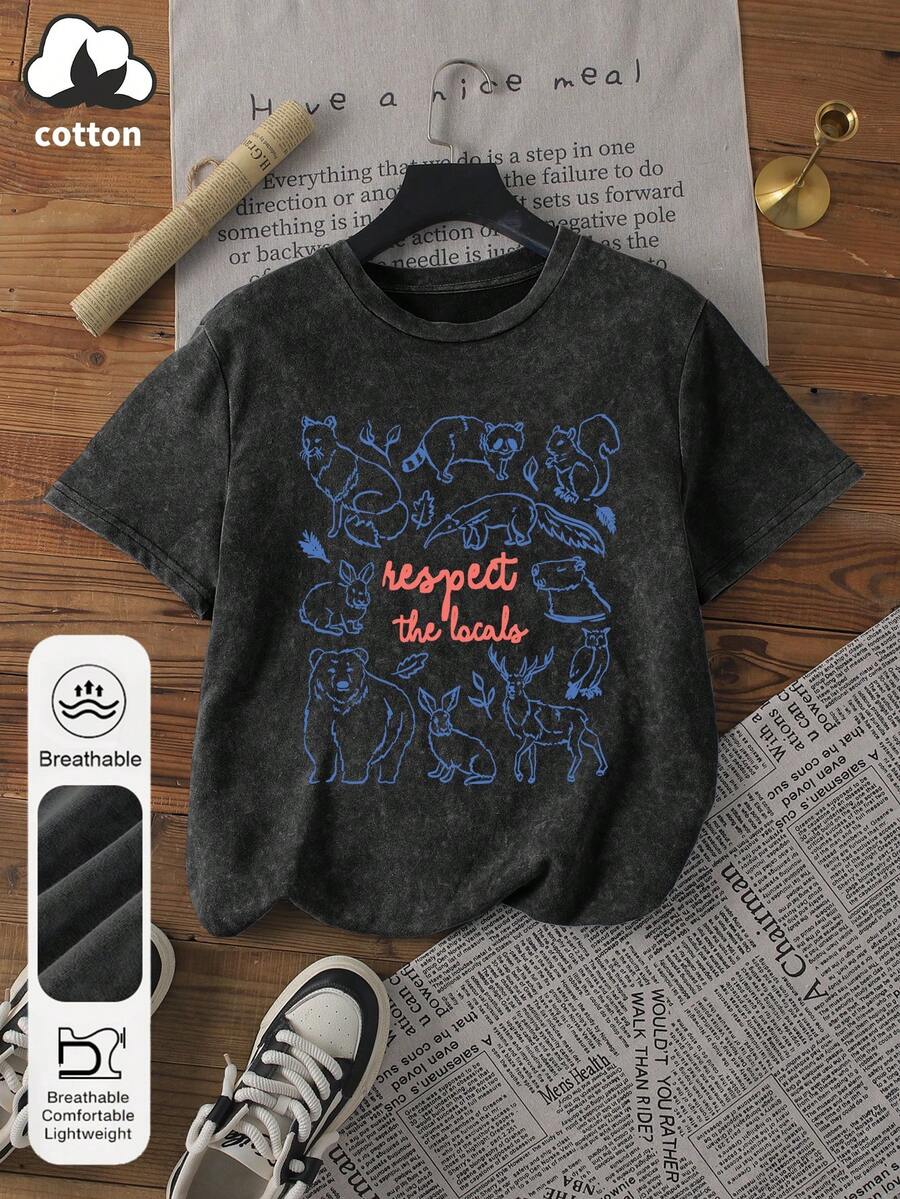 女士夏季国家公园印花圆领短袖简约休闲日常加大码水洗T恤上衣，“尊重当地人”露营印花女士户外上衣，送给喜欢格兰诺拉麦片印花的女孩的礼物，2026年夏季女士服装，户外野生动物印花夏季家庭舒适派对服装。黑色 - 黑色 - 查看 1