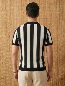 男士撞色条纹短袖镂空针织上衣 - 黑色 - 查看 3