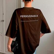 T-Shirt With "Perseverance" Print Lettering. Minimalist, Casual, Modern, Sophisticated, Simple, Basic, Summer, Oversized. - Rust Brown - View 11
