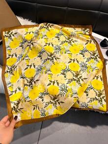 1pc Elegant Floral Print 70cm Silk-Like Small Square Scarf, Women Fashion Versatile Headband, Waist Belt, Bag Decor, Neck Tie, Hair Accessory, Suitable For Daily Wear - Yellow - View 2