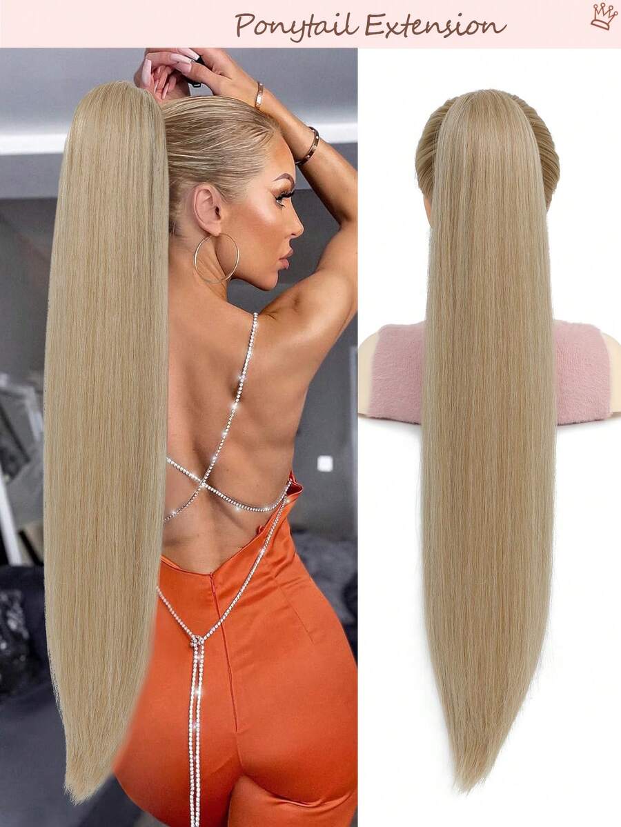 Extensiones de cabello sintético con cola de caballo larga y recta con cordón, extensiones de cabello sintético suaves y naturales con clip - Rubio claro - Dorado - Ver 1