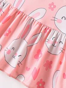 Nuevo camisón de verano lindo para niña, camisón infantil con estampado de conejo, vestido de dormir con cuello redondo, manga corta y dobladillo con volantes, ropa de estar en casa casual y cómoda para niñas - Rosa - Ver 5