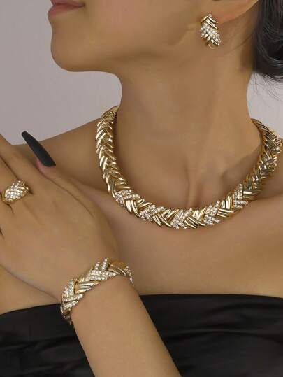 5pcs 18K Gold Crystal Dubai Style Jewelry Set, Including Necklace, Earrings, Ring, Bracelet, Suitable For Bridal Wedding, African Style Accessories Gift