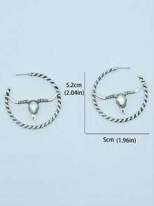 1 Pair Western Cowboy Style Turquoise Bull Head Hoop Earrings For Women - Earring - View 6