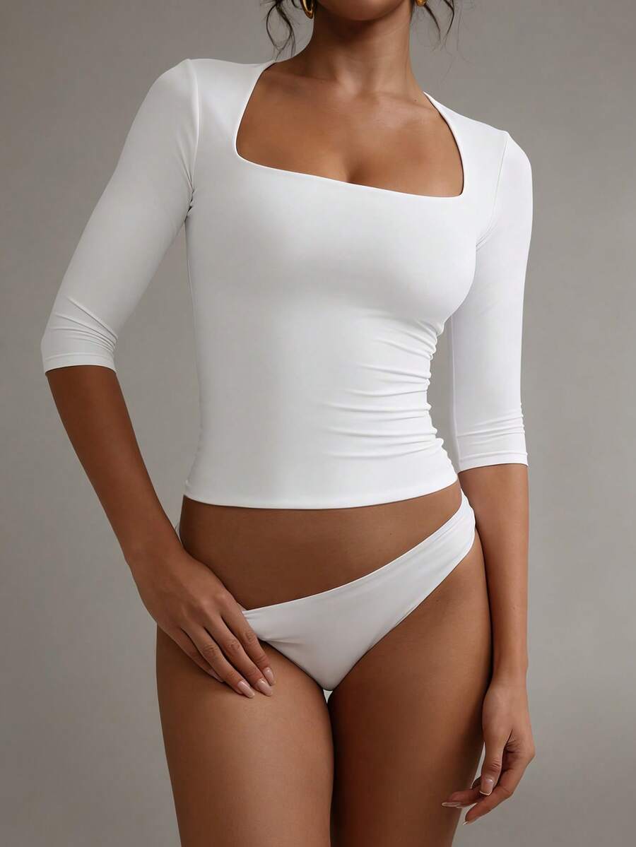 XLLAIS 七分袖T恤，双层弹力可变形领口，紧身款上衣