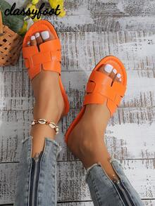 女士时尚蛇纹平底凉鞋，橙色夏季拖鞋，沙滩装扮 - 橘色 - 查看 3