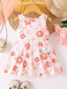 Baby Girls' Casual Cute Rose Flower Print Round Neck Sleeveless Dress, Summer - Pink - View 1