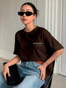 T-Shirt With "Perseverance" Print Lettering. Minimalist, Casual, Modern, Sophisticated, Simple, Basic, Summer, Oversized. - Rust Brown - View 6