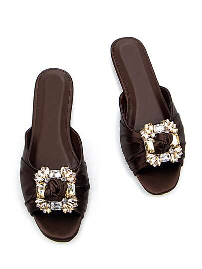Women's Elegant Fully Rhinestoned Metal Buckle Decor Chocolate Brown Satin Material Fashion Square Toe Comfortable Flat Mule Sandals For Daily Wear And Party