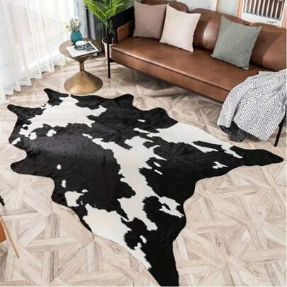 GEL HUT MUN Absorbent Plush Cow Print Carpet - Polyester Washable Indoor Rug, Modern Black & White Cow Pattern, Soft Knitted Fabric, Non-Slip Bottom, Suitable For Living Room, Bedroom, Home Decor - Absorbent & Durable