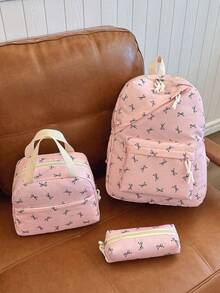 三件套休闲学院风蝴蝶结印花背包套装，包含背包、午餐包、斜挎包和铅笔盒，带笔记本电脑隔层、可调节肩带、多口袋大容量书包套装，多功能日常背包套装，适合女性/女孩/青少年/大学生/毕业生日常使用/度假/旅行/返校，可爱蝴蝶结背包 - 粉色 - 查看 3