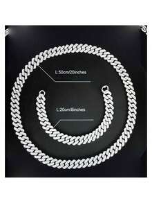 Conjunto de pulseira e colar cubano colar de corrente com cravação de gelo colar de diamantes hip-hop masculino - Prata - Visão 7