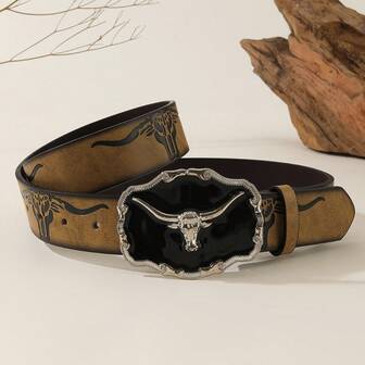 1pc Fashionable Funky Fantasy Bold Heavy Metal Embossed Brown PU Leather Cool Rock Grunge Vintage Gothic Style 2D Square Cross Western Buckle Y2K Men's Belt Young Boy For Parties,Proms, Sparkling Decorations, Outings,Daily Casual Outing Wear