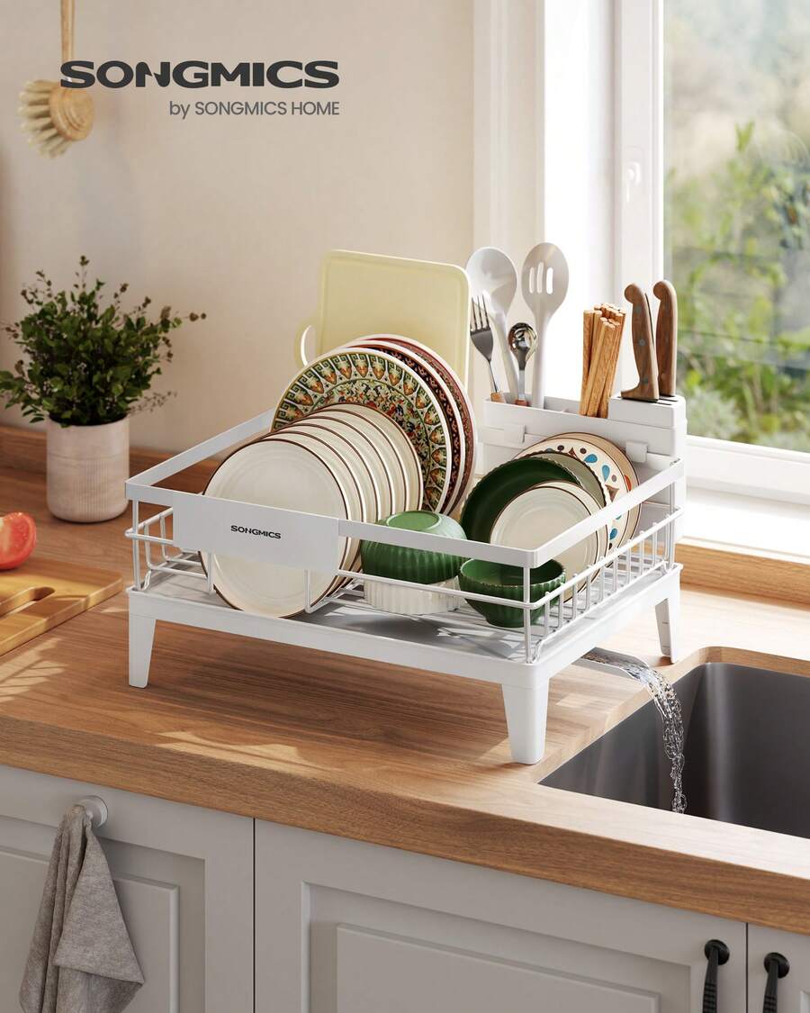 SONGMICS Escurreplatos, Escurridor para Encimera de Cocina, Giratorio 360° y Extensible, con Soporte para Cubiertos, 31 x 42 x 18,5 cm, Blanco Nube - Blanco - Ver 1