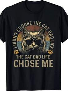 Camiseta gráfica para hombres "Cat Dad Life" - 100% algodón, camiseta casual negra con divertida ilustración de gato, cómoda y duradera para atuendo casual, camiseta gráfica de fiesta| Ropa de calle casual| Camiseta de Tejido de Punto, Camiseta de Gato - Negro - Ver 7