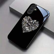 Glossy Heart Print Phone Case, Premium Glass Material, Compatible With S25, S24, S23, S22, S21, S20, And A-Series Models, Compatible With IPhone 17, 16, 15, 14, 13, 12, 11 Pro Max, Perfect As A Christmas Gift For Women. - 黑色 - 查看 3