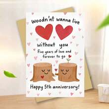 1pc "Woodn't Wanna Live Without You: Happy 5th Anniversary" Cute Tree Stump Couple Card – Sweet White Design With Playful Smiling Tree Stumps (Plus Heart Accents) And Punny, Warm Anniversary Text. Perfect For Gifting To A Partner On Your 5th Anniversary, Blending Silly Wordplay With Sincere "Forever" Affection. Cheerful, Charming Tone, Includes Red Envelope – A Delightful, Whimsical Card To Celebrate 5 Years Of Love And More To Come. - Multicolor - View 12