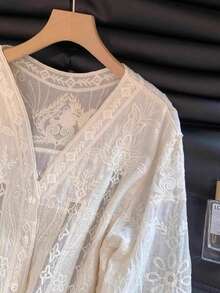 JIANHU Women's Summer Embroidered Sheer Top, Bohemian Floral Lace V-Neck Top, Lightweight & Breathable, Suitable For Beach Vacation, Mother's Day Gift, Holiday White - White - View 6