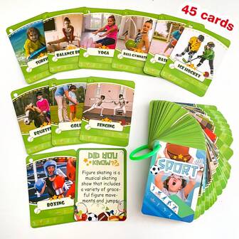 Lachilly 45 kart edukacyjnych dla dzieci do nauki poznawania sportu, karty ze słownictwem sportowym w języku angielskim, karty z wiedzą sportową do wczesnej edukacji, karty do nauki słownictwa sportowego, narzędzia do nauki języka angielskiego dla dzieci do wczesnej edukacji, interaktywne zabawki dla rodziców i dzieci, prezent na powrót do szkoły