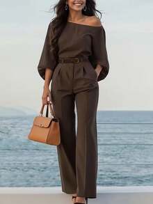 Autumn Outfit First Choice Asymmetrical Batwing Sleeve Asymmetrical Shoulder Top High-Waist Slimming Commuter Style Straight Leg Pants 2 Pieces Set - Coffee Brown - View 2
