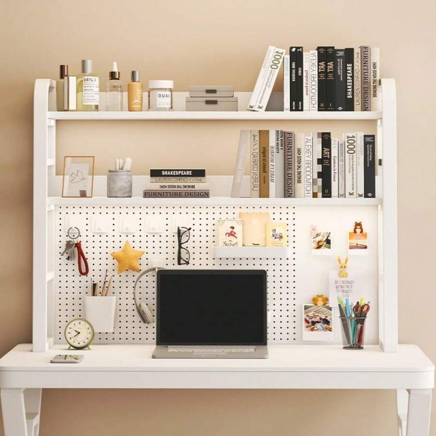 Desktop Bookshelf For Computer Desk,2-Tier Multipurpose Iron Hutch Countertop Bookshelf,Iron Desktop Bookcase Desktop Shelf Bookcase For Office Supplies Organizer,Home Decor,45.3''W,White - 白色 - 查看 1