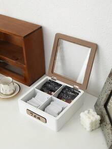1pc White Minimalist Wooden Tea Box With 4/6/9 Compartments Glass Window, Tea Bag & Coffee Pouch Storage Box, Tea Room Organizer - Multicolor - View 5