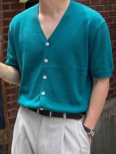 Cárdigan de punto casual de manga corta con cuello en V y botones de unicolor para hombre, primavera/verano